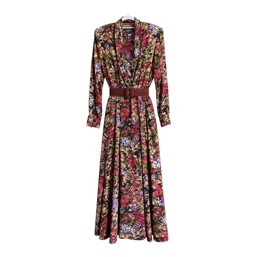 Liz Claiborne Dresses Size 6 100% Silk Floral Maxi Dress Belted Romantic